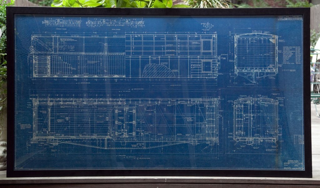 A blueprint of a railroad car showing interior elevations with detailed dimensions and with patents dating to 1931, 1932 and 1933 from the Northern Pacific Railroad Company in St. Paul, Minnesota.