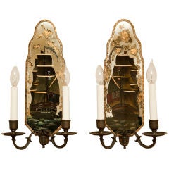 A Pair of Caldwell 2 Light Reverse Decorated Mirrored Sconces