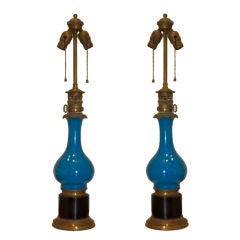 A Pair of French Oil Lamps with Turquoise Blue Porcelain Bases