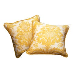 A Pair of Yellow Fortuny Fabric Cushions with Pomegranate Motif