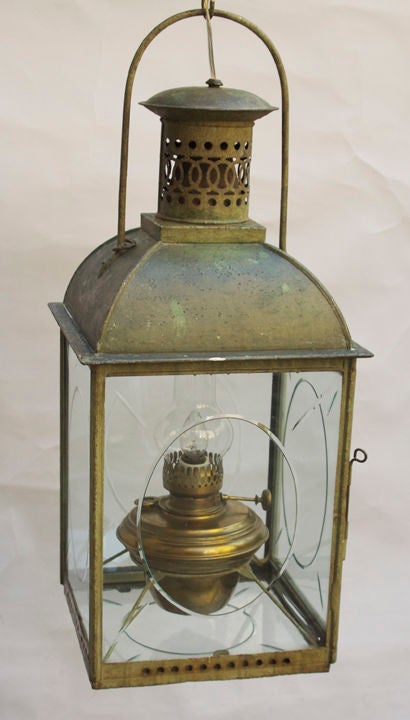 A Square Green Painted Tole Lantern with Dome Top