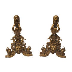 A Pair of English Baroque Style Bronze Andirons with Lions Antique A Pair of English Baroque Style Bronze Andirons with Lions