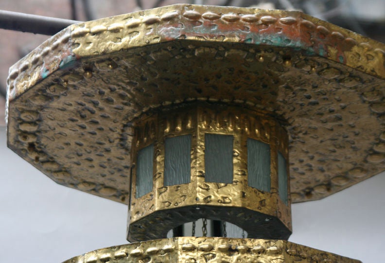 An Arts and Crafts Period Repousse Brass Ceiling Fixture