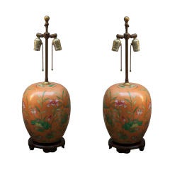 A Pair of Chinese Porcelain Covered Vases Fitted as Lamps