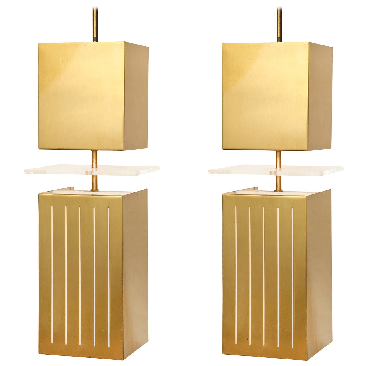 Pair of Mid-Century Bronze Square Pendant Lights