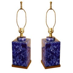 A Pair of American Square Blue Ceramic Table Lamps