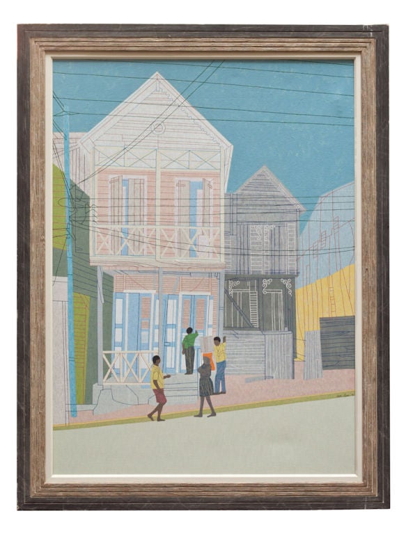 An oil on canvas contemporary painting depicting a Caribbean street scene. Signed by artist Peter Lynn.