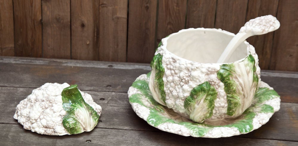 An Italian 4 part cauliflower form soup tureen with cover, ladle, and under dish made in Italy for the NY firm Meiselman.