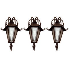 Antique A Set of 3 American Iron Wall Lanterns With Triangular Tops