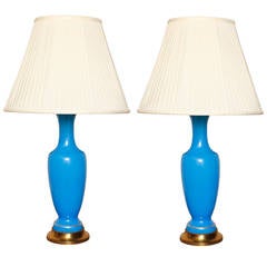 Pair of French Blue Opaline Table Lamps