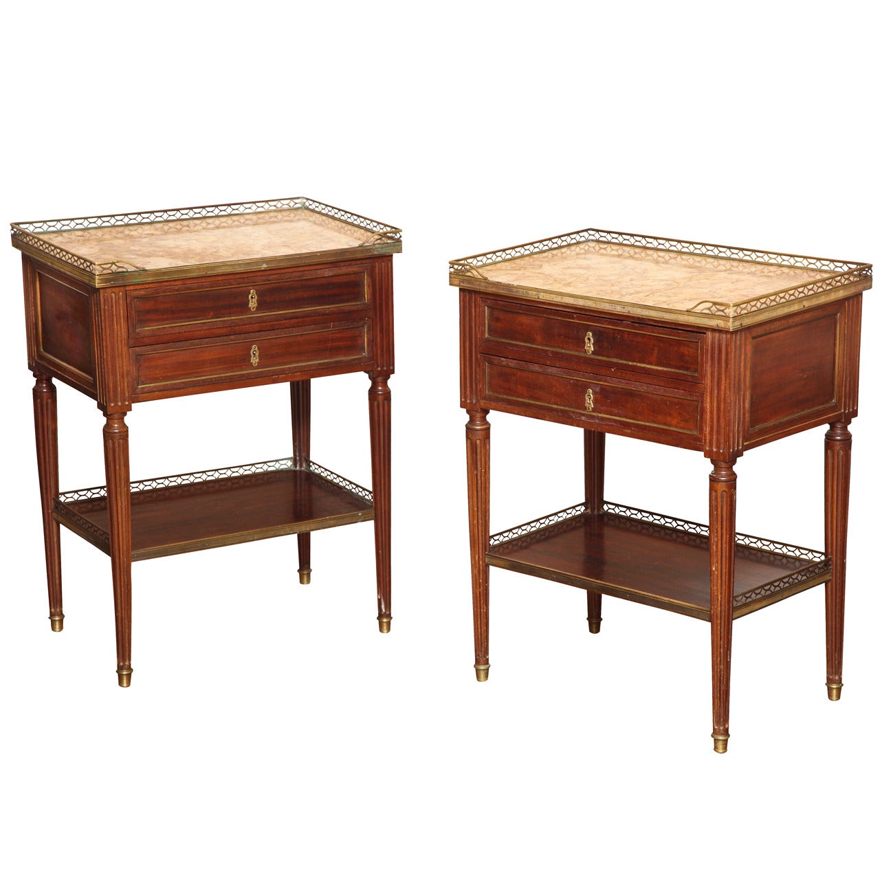 A Pair of French Louis XVI Style Two Drawer Bed Side Tables