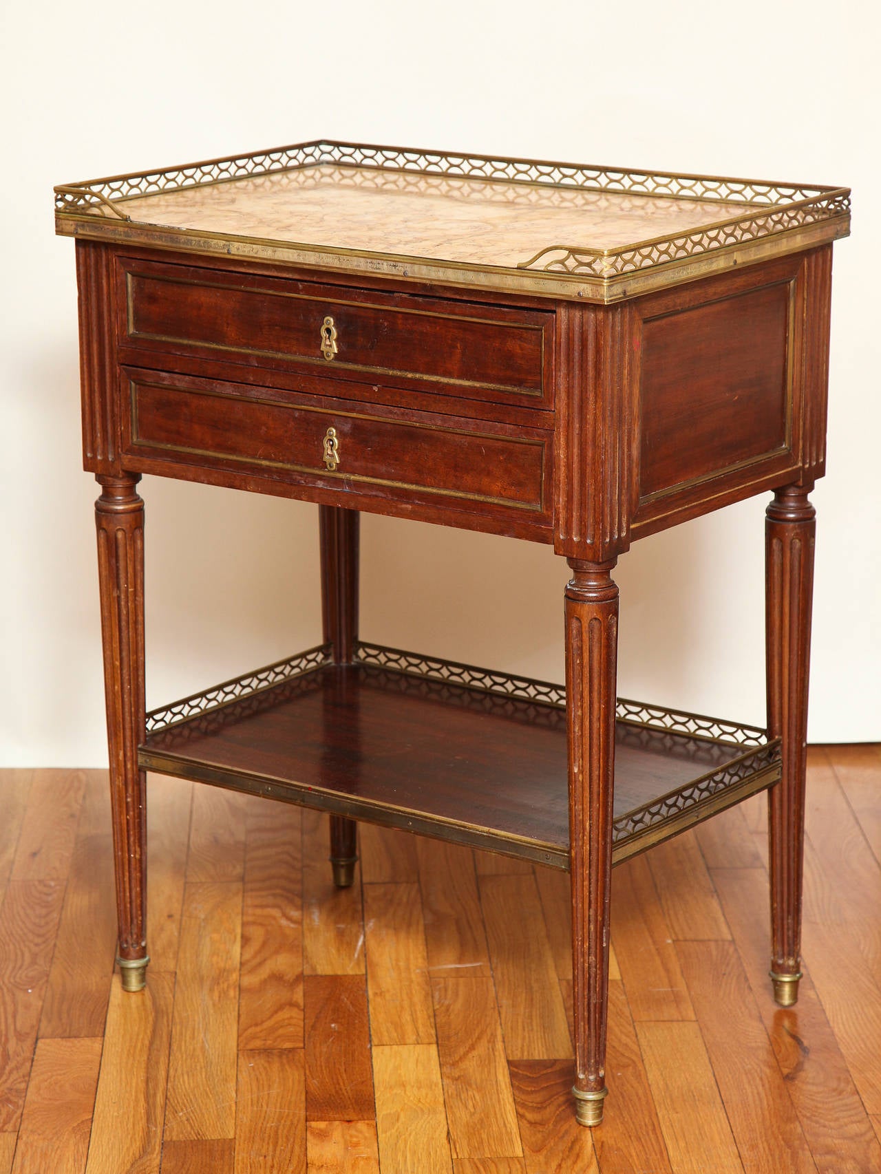 A Pair of French Louis XVI Style Two Drawer Bed Side Tables In Good Condition In New York, NY