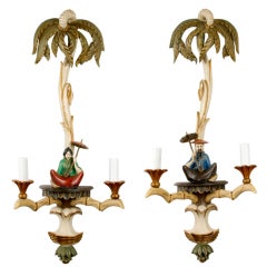 Pair of Two Light Italian Carved and Polychrome Decorated Wall Sconces