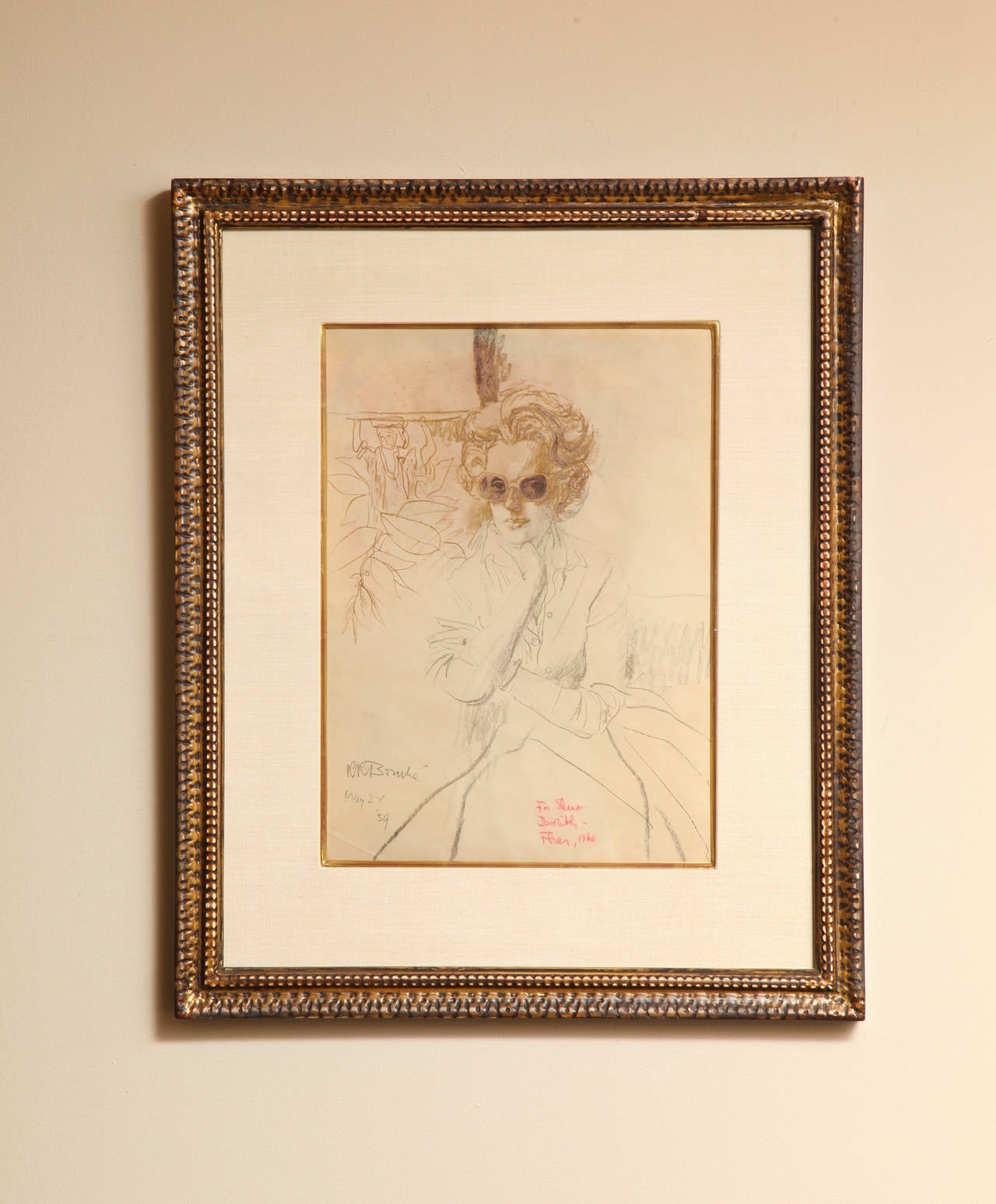 A Rene Bouche print given by Fleur Cowles to Eleanor Lambert. Signed R.R. Bouche May 24, '59 on lower left. Cowles' inscription at bottom in red ink.