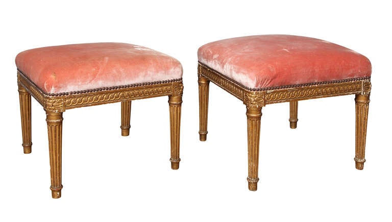 Pair of French Louis XVI Style Carved and Giltwood Square Benches