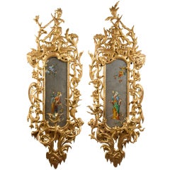 A Pair of English George II-Style Carved and Gilt Wood Two-Light Wall Sconces