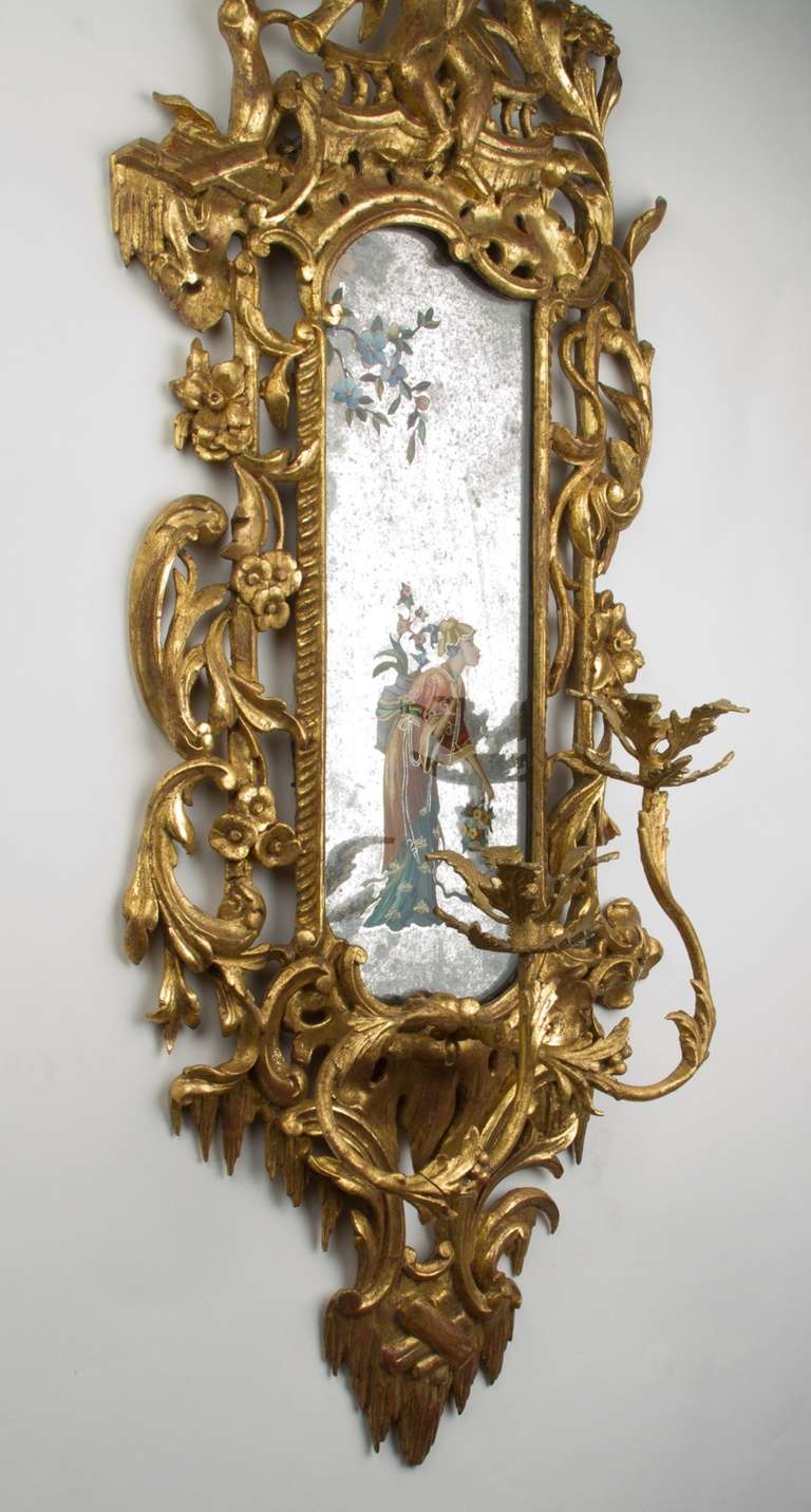A Pair of English George II-Style Carved and Gilt Wood Two-Light Wall Sconces