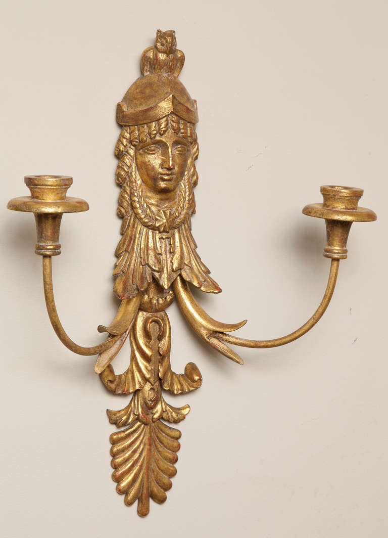 Pair of Empire Style Giltwood Two-Light Sconces Attributed to E.F Caldwell For Sale 1