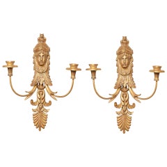 Pair of Empire Style Giltwood Two-Light Sconces Attributed to E.F Caldwell