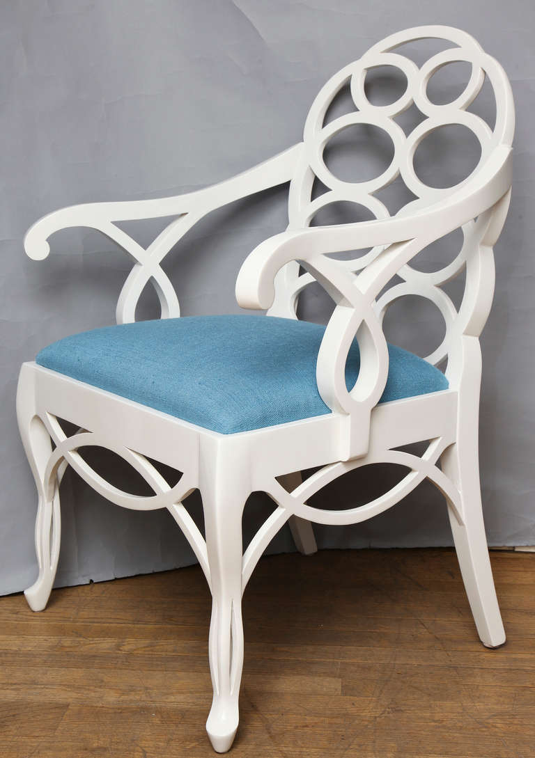 A Frances Elkins-designed loop armchair based on an 18th century Chinese Chippendale model, now with a white polyester lacquer finish and newly-upholstered linen slip seat.