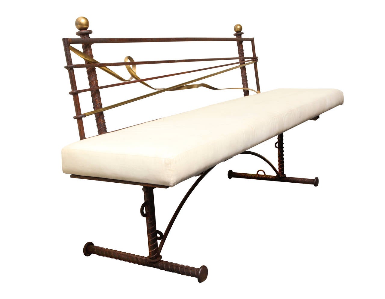 A pair of forged and wrought iron Brutalist Style benches. The bases in the form of a rectangular iron frame with vertical supports having a horizontal bar with arched center stretcher supporting attached upholstered tight seat. Bench back formed by