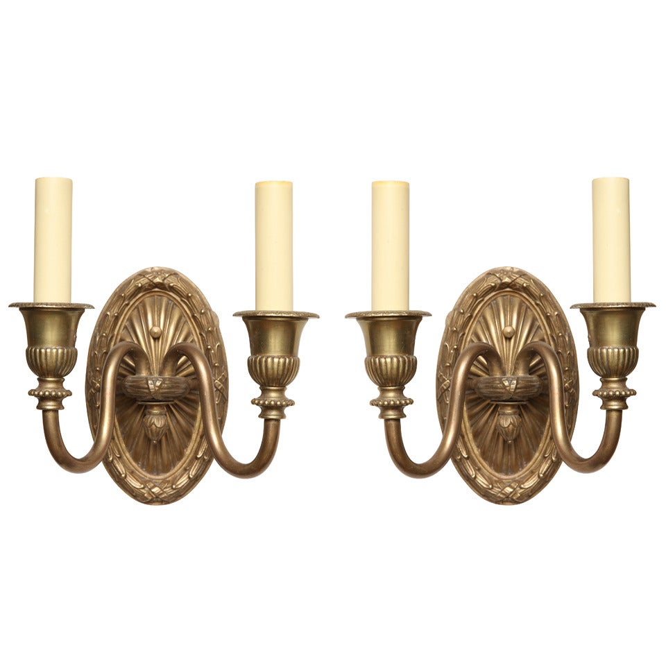 Pair of French Louis XVI Style, Two-Light Wall Sconces For Sale