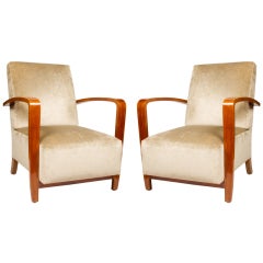 A Pair of Bleached Mahogany Open Arm Chairs With Upholstered Seats