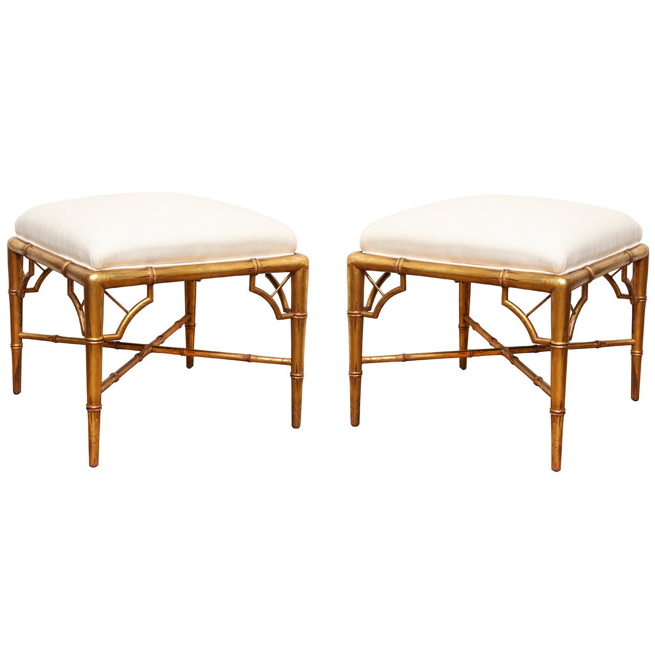 A Pair of Square American Faux-Bamboo Ottomans