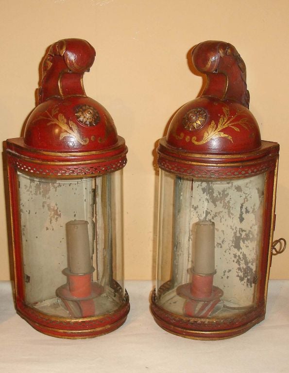 Pair of French Directoire Style Tole Lantern Sconces, Circa 1920