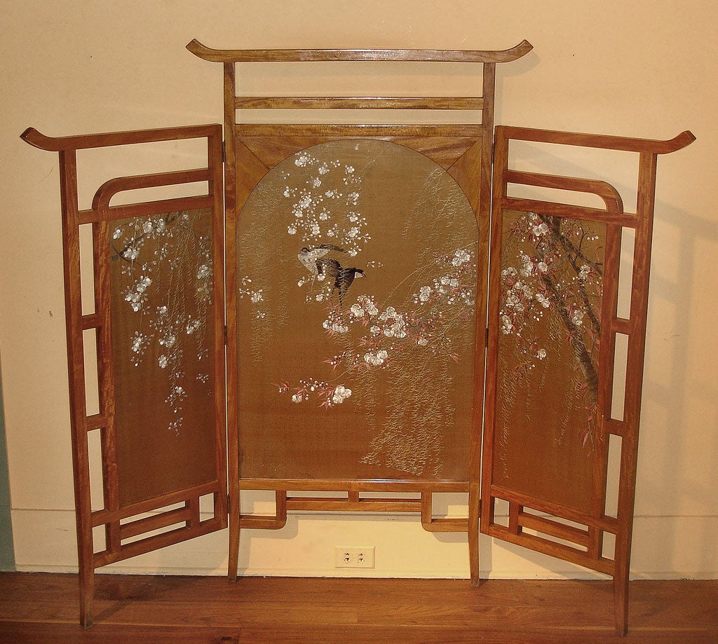 Meiji Three Panel Silk & Hardwood Floor Screen, Circa 1910