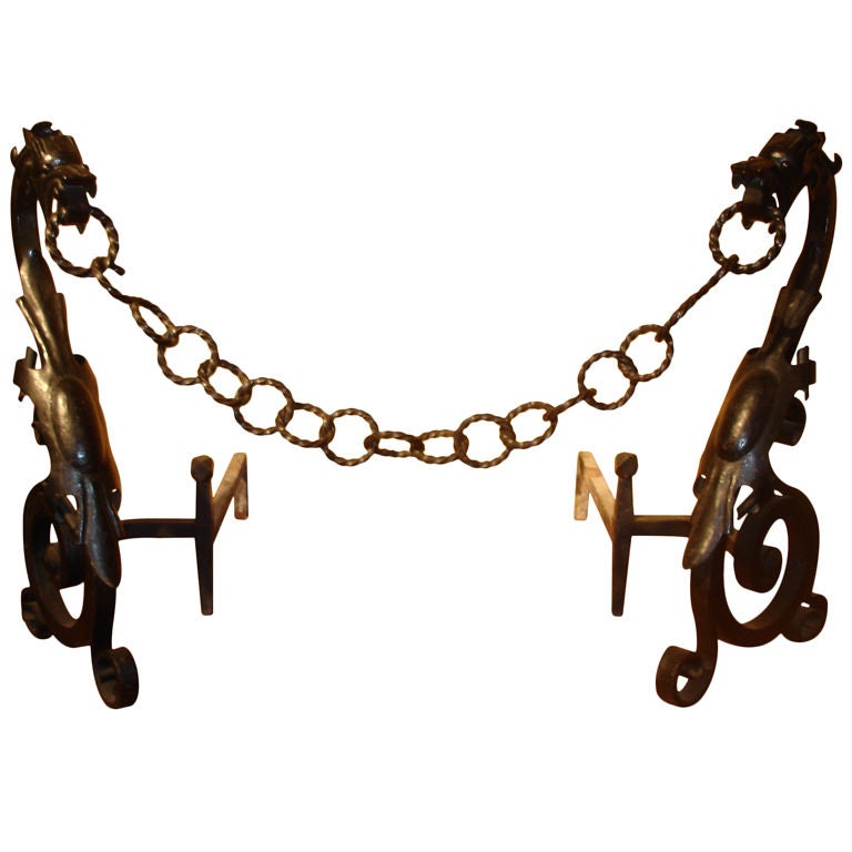Pair of Hand-Forged Dragon Andirons