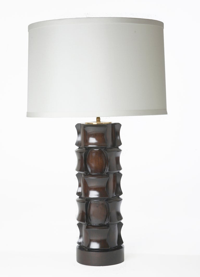 Hand Carved Wood Table Lamp
Brass Double Cluster – Custom Vanilla Silk Shade
Finish: Ebony Brown Stain
Lampshade measures 18