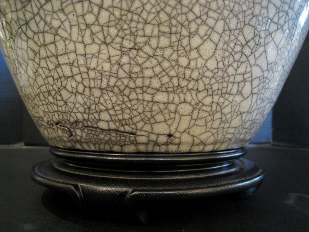 Pair of Large Signed White Ceramic Crackle Glaze Lamps 1