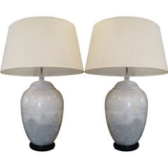 Pair of Large Signed White Ceramic Crackle Glaze Lamps