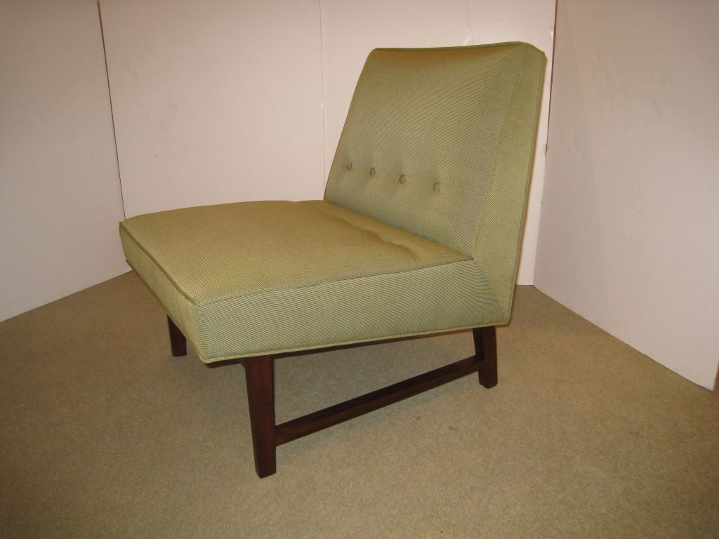Pair of Edward Wormley for Dunbar Uphlstered Slipper Chairs. Upholstered in Claremont, Ottoman Uni- Finike