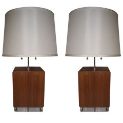 Pair of Walnut and Lucite Box Table Lamps