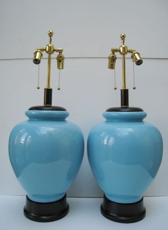 Pair of Large Ceramic Turquiose Lamps. <br />
Shades sold seperate