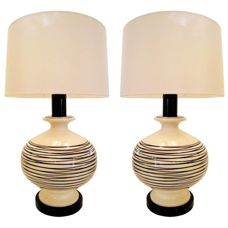 Pair of Black and White Ceramic Lamps For Sale