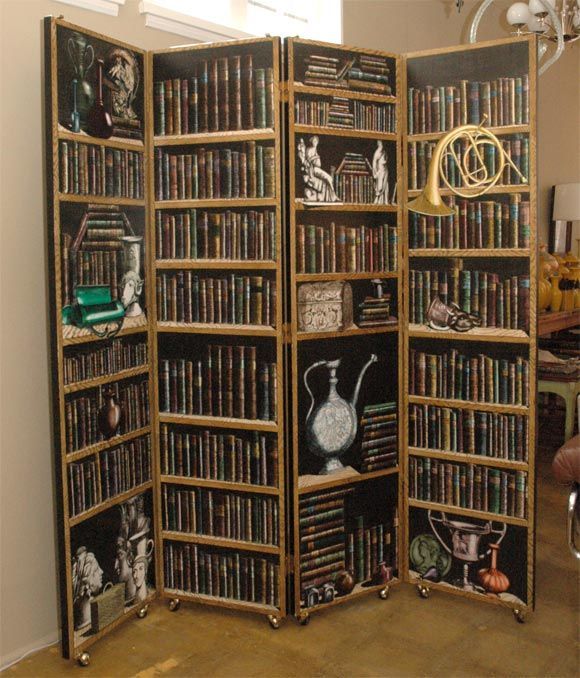 Four Panel Fornasetti Library Screen on Wheels.<br />
Later Production 1980s.