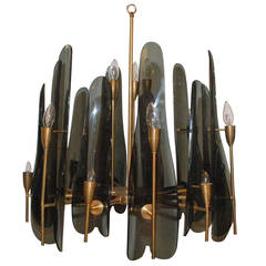 Smoked Lucite and Brass Chandelier in the Style of Max Ingrand 1