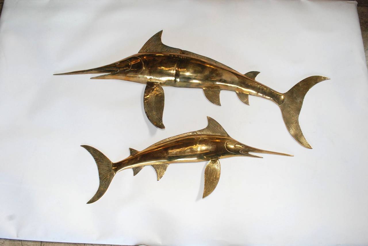 American Two Hollywood Regency Brass Swordfish Wall Sculptures