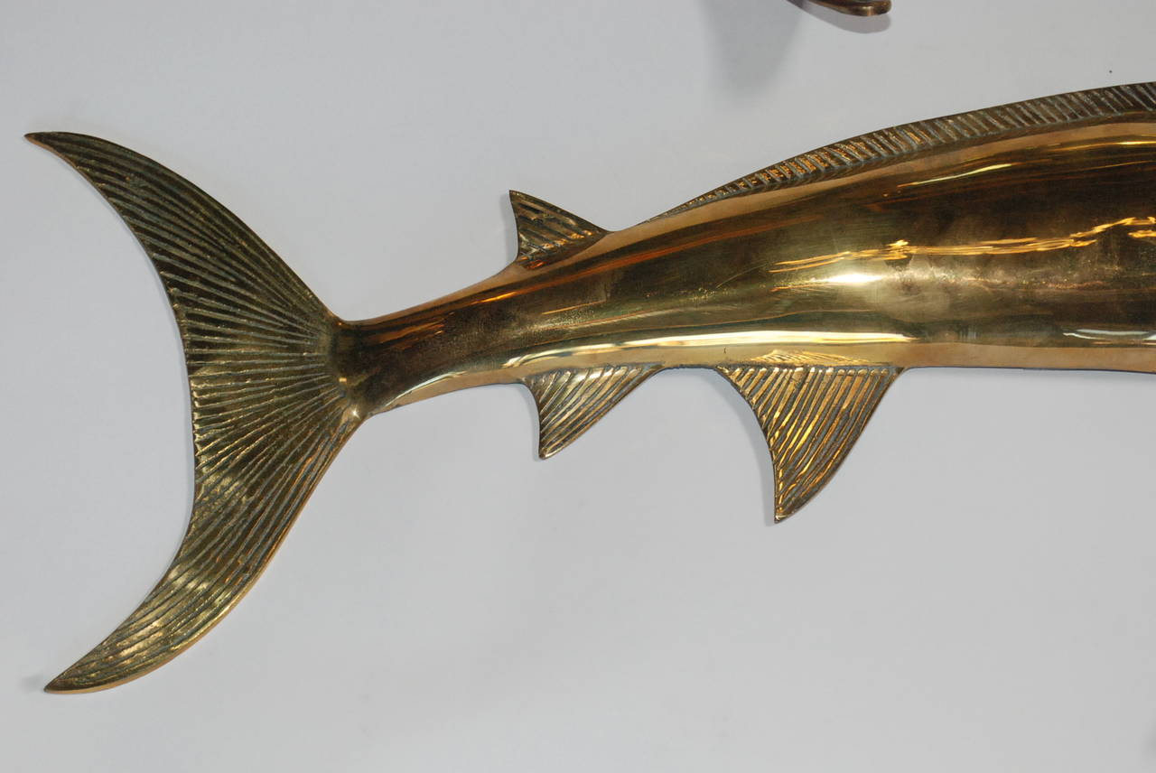 Polished Two Hollywood Regency Brass Swordfish Wall Sculptures