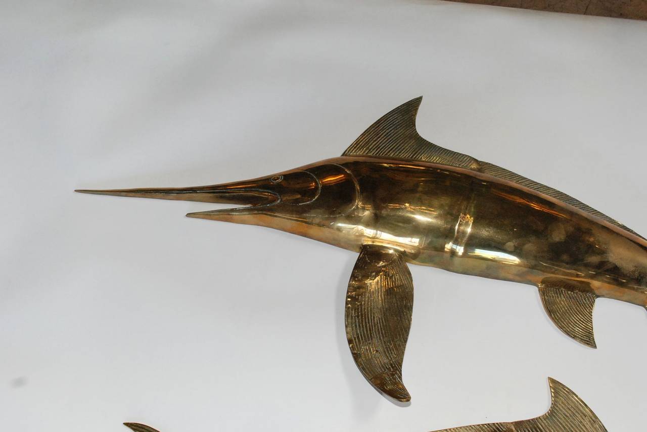 Two Hollywood Regency Brass Swordfish Wall Sculptures In Good Condition In Cathedral City, CA