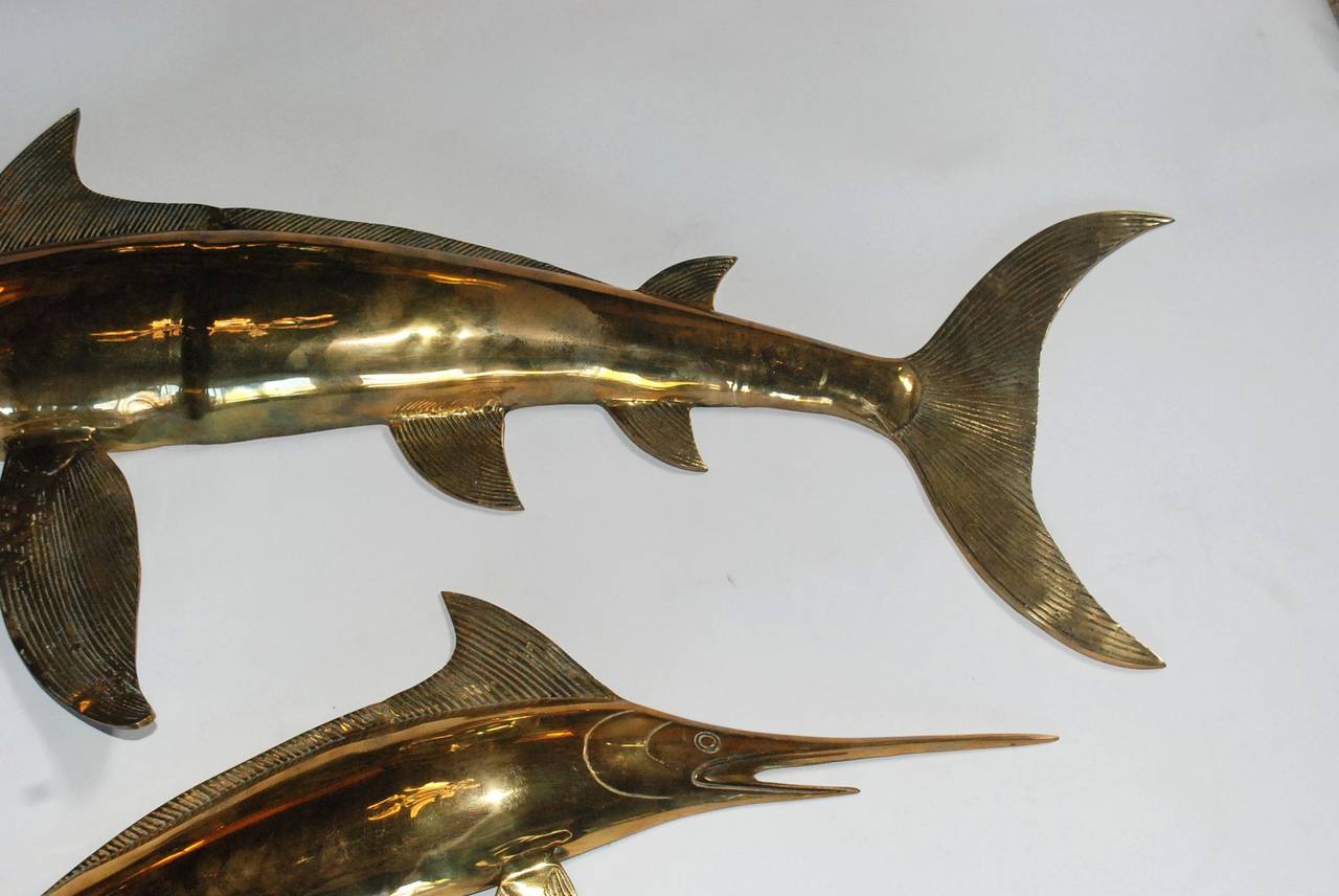 20th Century Two Hollywood Regency Brass Swordfish Wall Sculptures