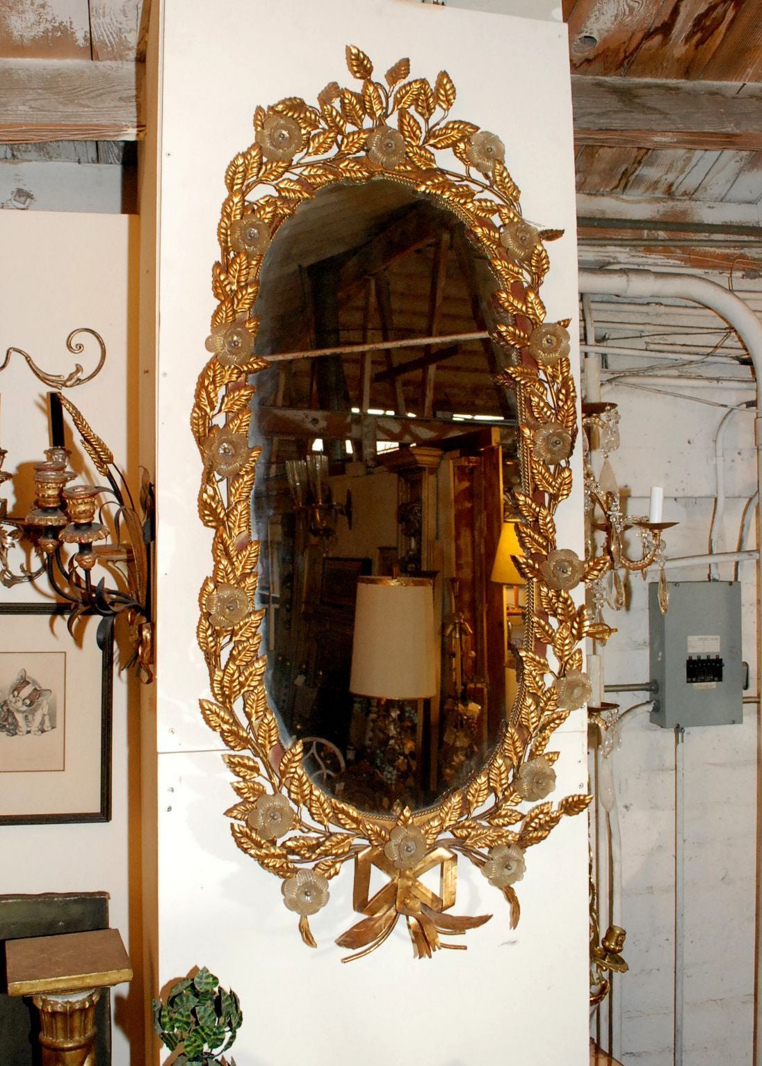 Mid-Century Modern Italian Gilded Tole and Murano Glass Mirror For Sale