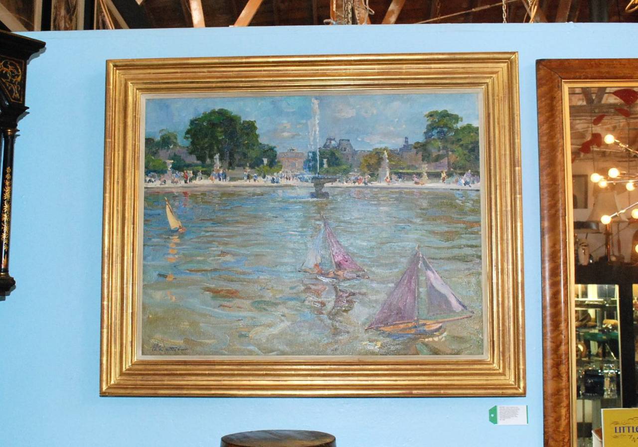 An original oil painting on canvas by Yuri Krotov. The scene depicts a fountain with sailboats in Paris, most likely the one at the Tuileries Gardens between the Louvre and the Orangerie. Signed on lower left. There is also some writing on the