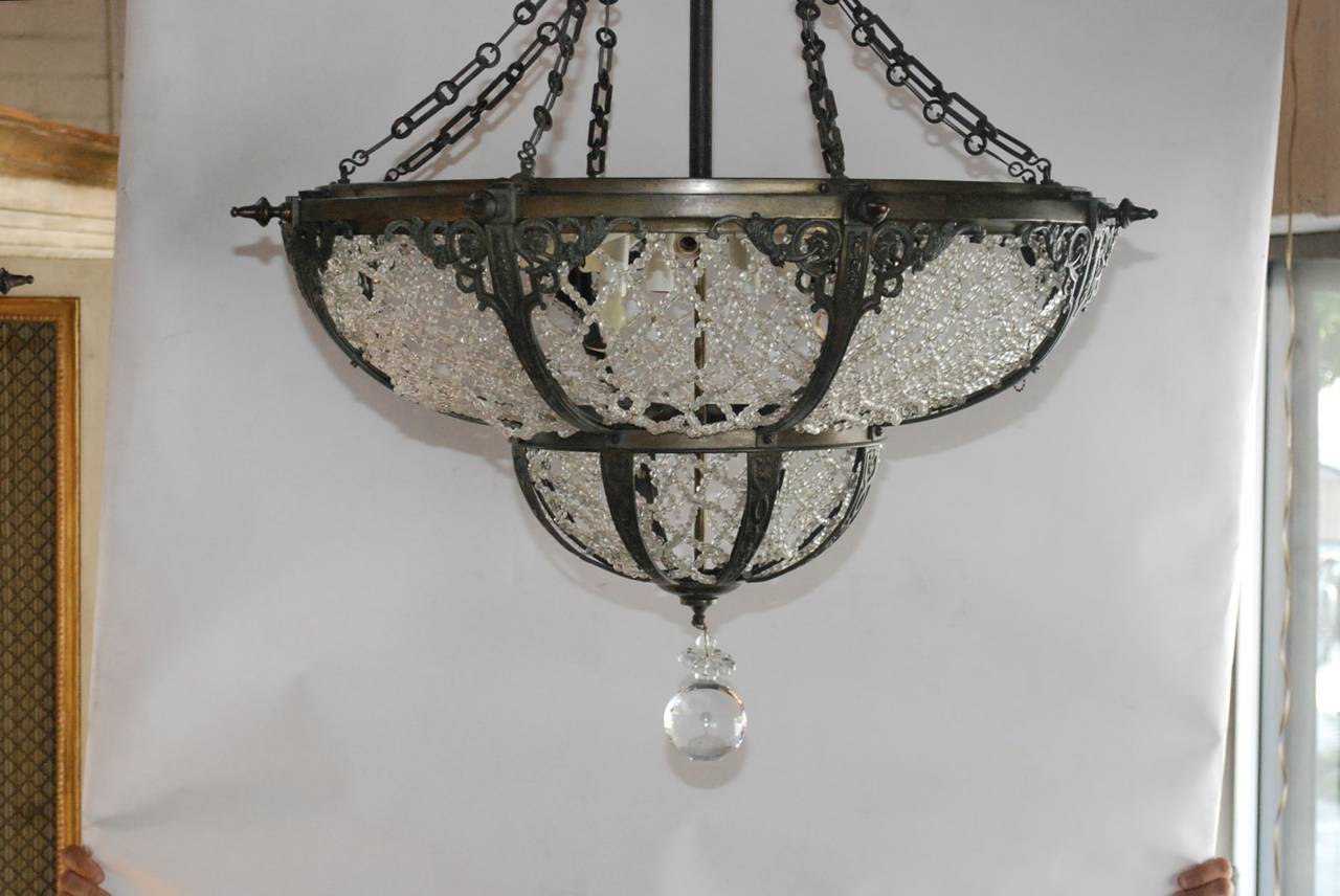 Italian Pair of Bronze and Beaded Glass Chandeliers in the Russian Style