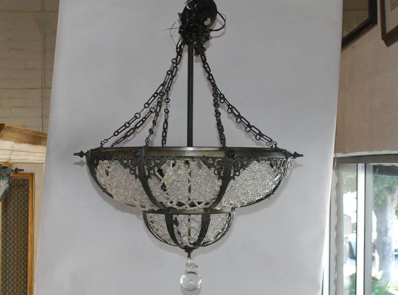Pair of Bronze and Beaded Glass Chandeliers in the Russian Style In Good Condition In Cathedral City, CA