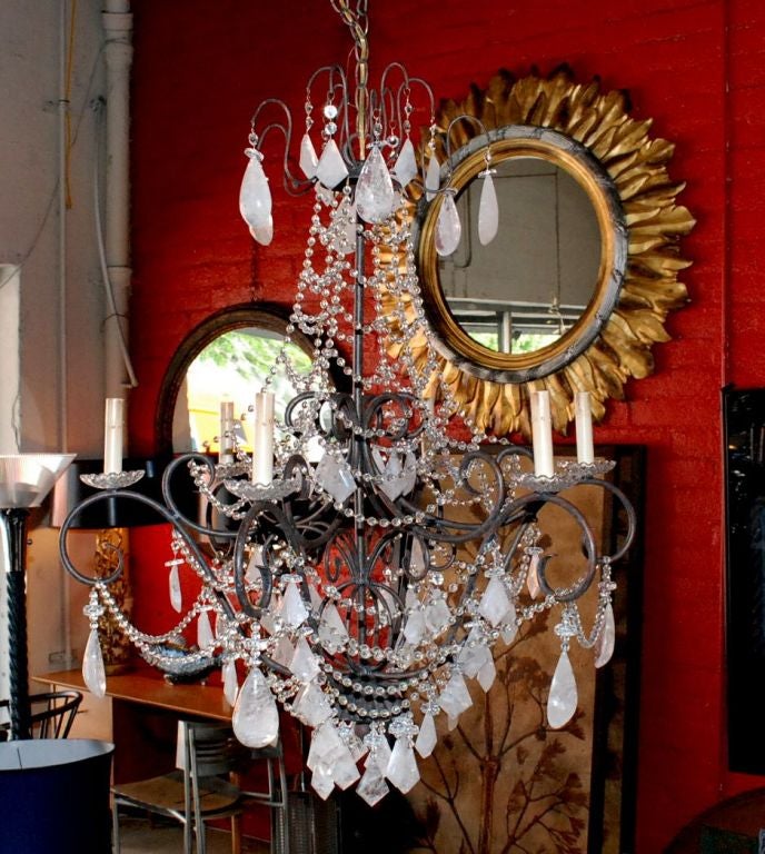 Dark brown iron frame chandelier with Brazilian rock crystal.