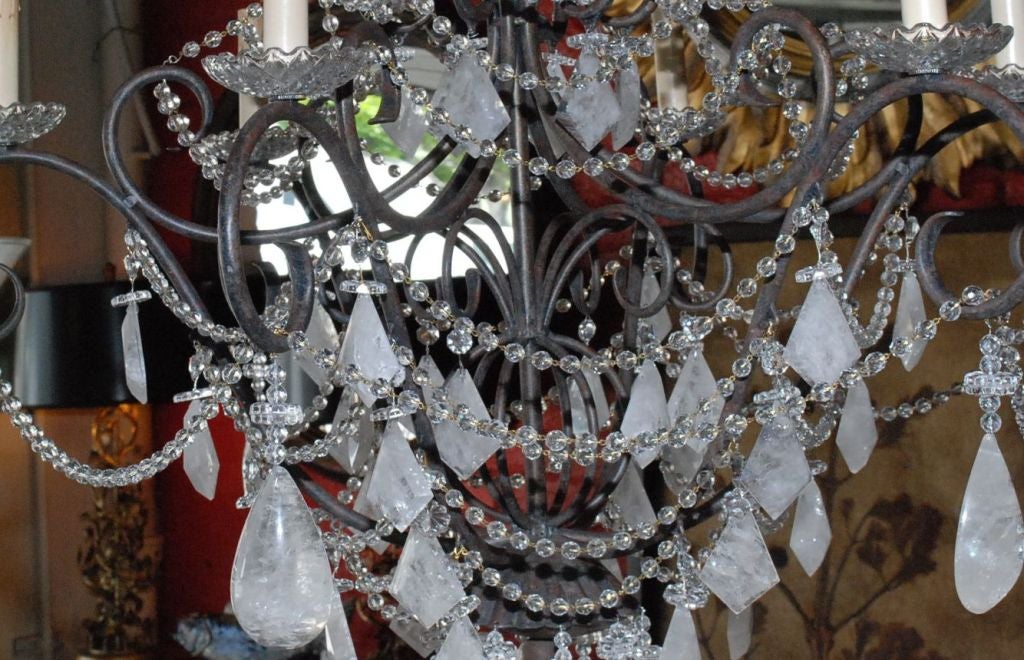 Iron 1980s Six-Light Rock Crystal Chandelier For Sale